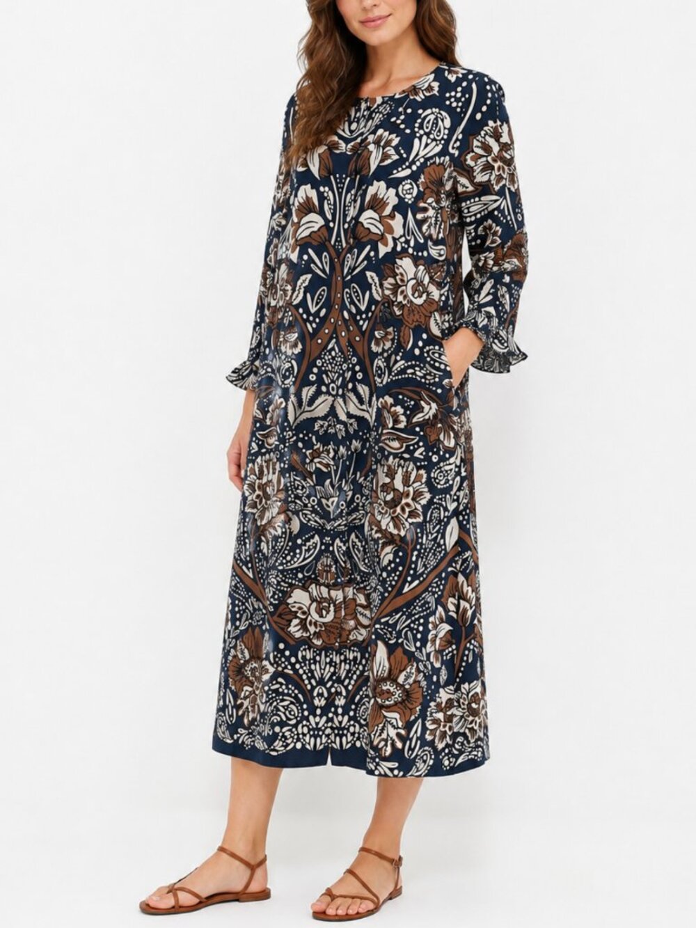 'S Max Mara 100% silk midnight blue Floral midi Dress Sz 6 pockets